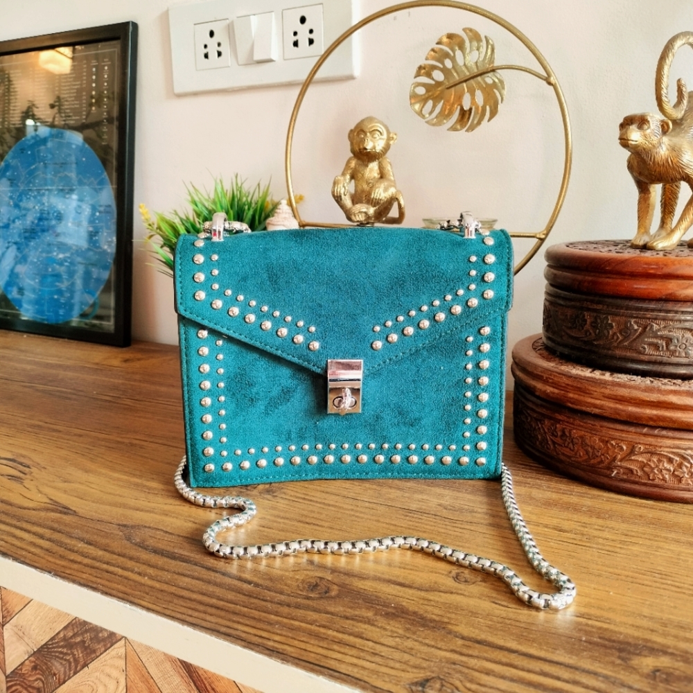 Teal Faux Suede Stud Sling Bag - Picture 1 of 16